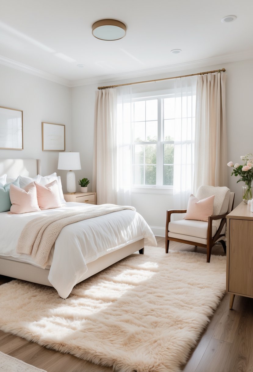 Guest Bedroom Ideas 2026: 21 Stylish Ways To Refresh Your Space 11 A guest bedroom with a plush area rug, a bed with white linens, a nightstand with a lamp, an armchair, and natural light coming through windows.