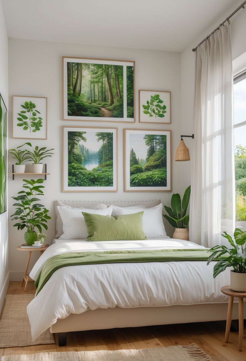 Guest Bedroom Ideas 2026: 21 Stylish Ways To Refresh Your Space 12 Guest bedroom with a bed, green pillows, botanical artwork on the walls, large windows, and potted plants.