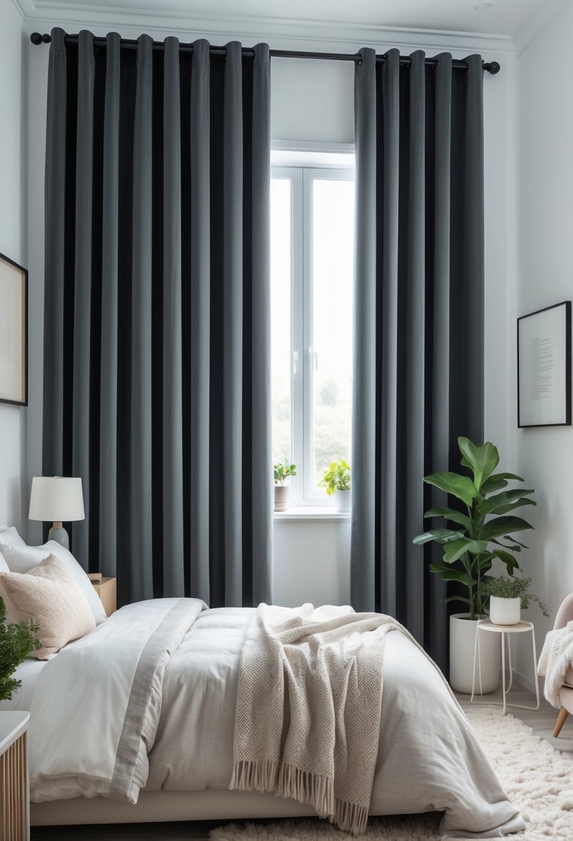 Guest Bedroom Ideas 2026: 21 Stylish Ways To Refresh Your Space 13 A guest bedroom with blackout curtains covering a large window, a neatly made bed, and a nightstand with a lamp and plant.