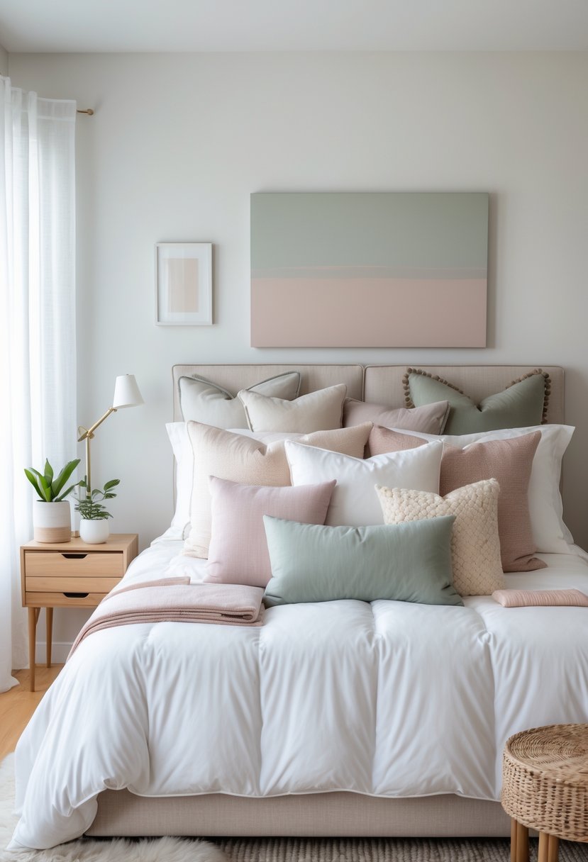 Guest Bedroom Ideas 2026: 21 Stylish Ways To Refresh Your Space 14 A guest bedroom with a neatly made bed featuring a variety of pillows in different shapes and colors, natural light coming through a window with sheer curtains, and simple furniture including a nightstand with a plant.