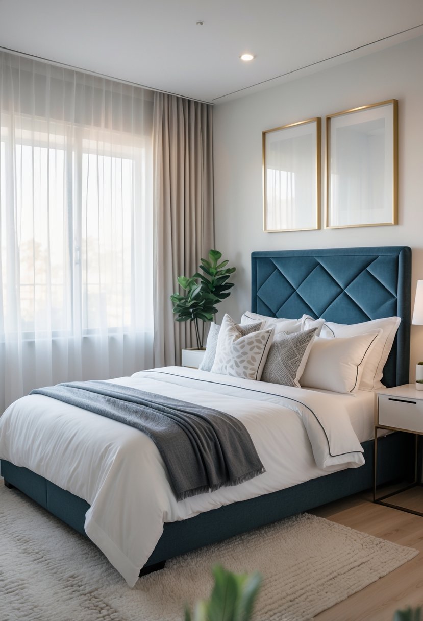Guest Bedroom Ideas 2026: 21 Stylish Ways To Refresh Your Space 15 A guest bedroom with a queen-sized bed featuring a bold headboard, white linens, a nightstand with a lamp and plant, and soft natural light coming through sheer curtains.