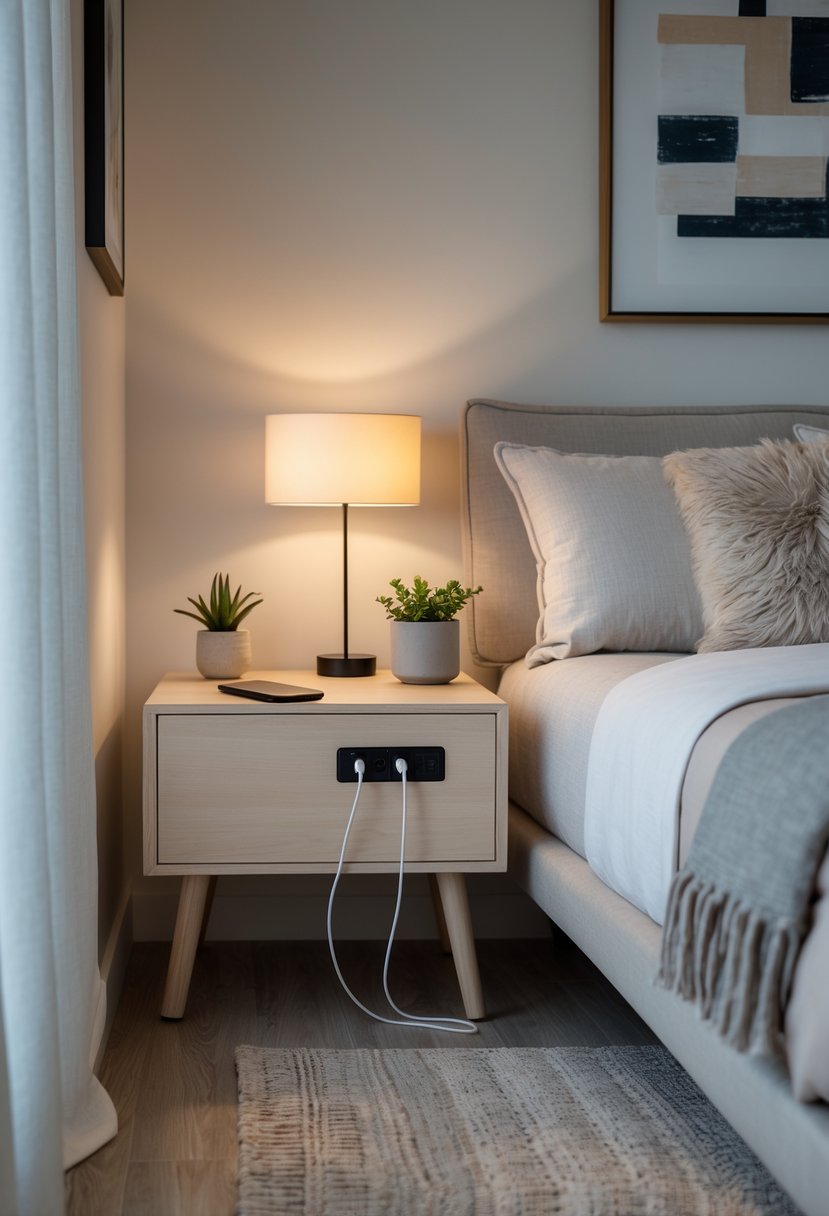 Guest Bedroom Ideas 2026: 21 Stylish Ways To Refresh Your Space 16 A guest bedroom with a compact nightstand that has charging ports next to a neatly made bed.