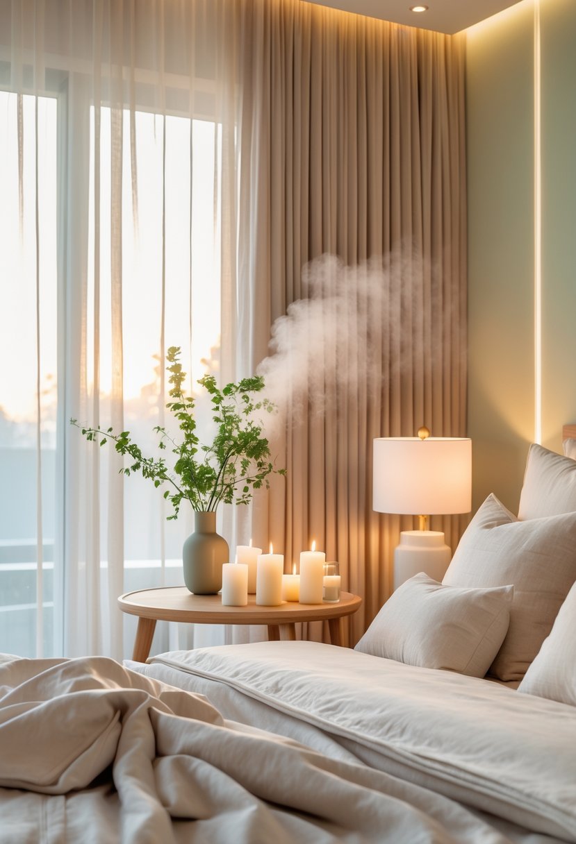Guest Bedroom Ideas 2026: 21 Stylish Ways To Refresh Your Space 17 A guest bedroom with a made bed, bedside table holding scented candles and a diffuser, soft natural light, and simple decor.