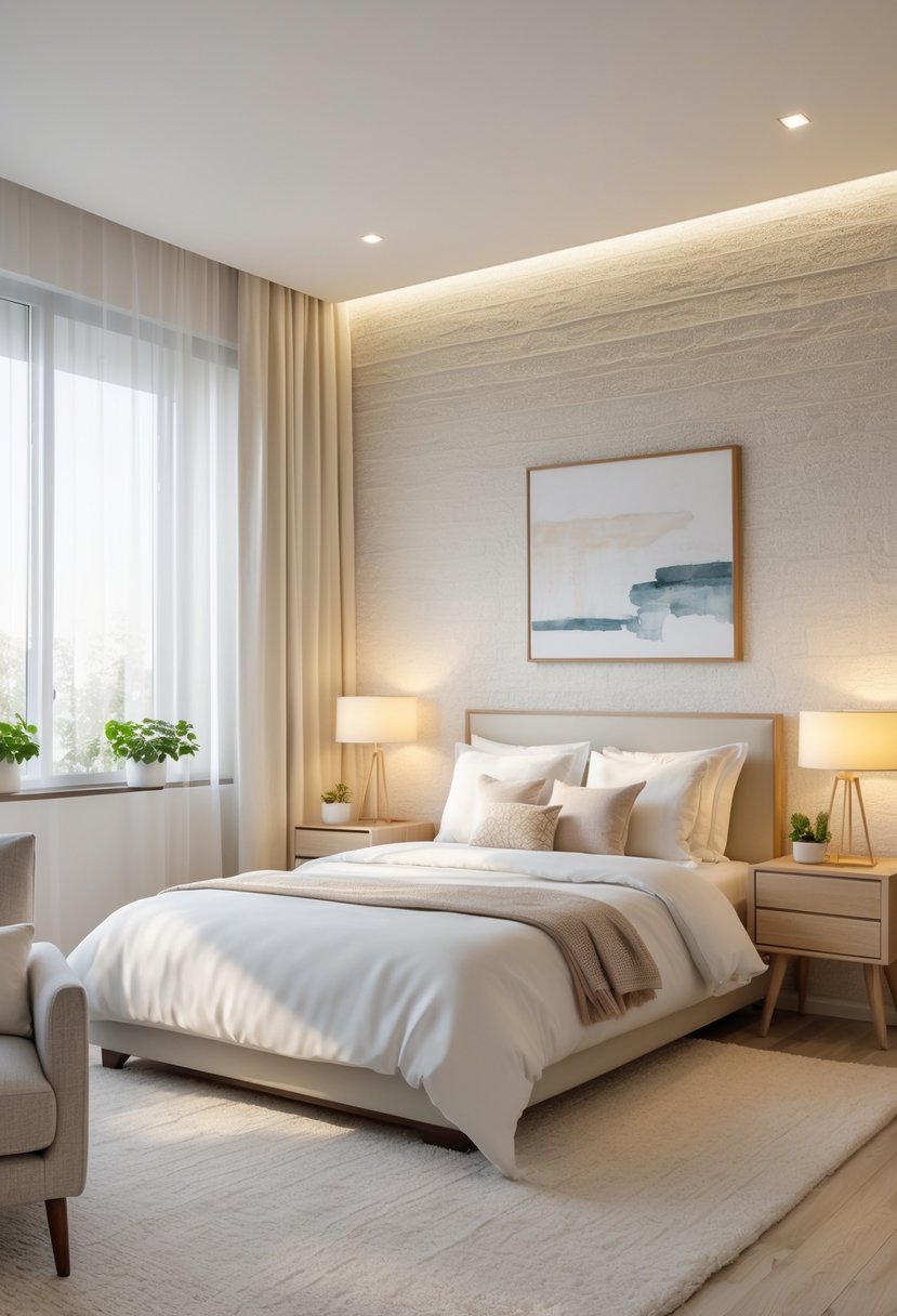 Guest Bedroom Ideas 2026: 21 Stylish Ways To Refresh Your Space 19 Guest bedroom with a textured wallpaper accent wall, a neatly made bed, nightstands with lamps, a potted plant, and a window letting in natural light.