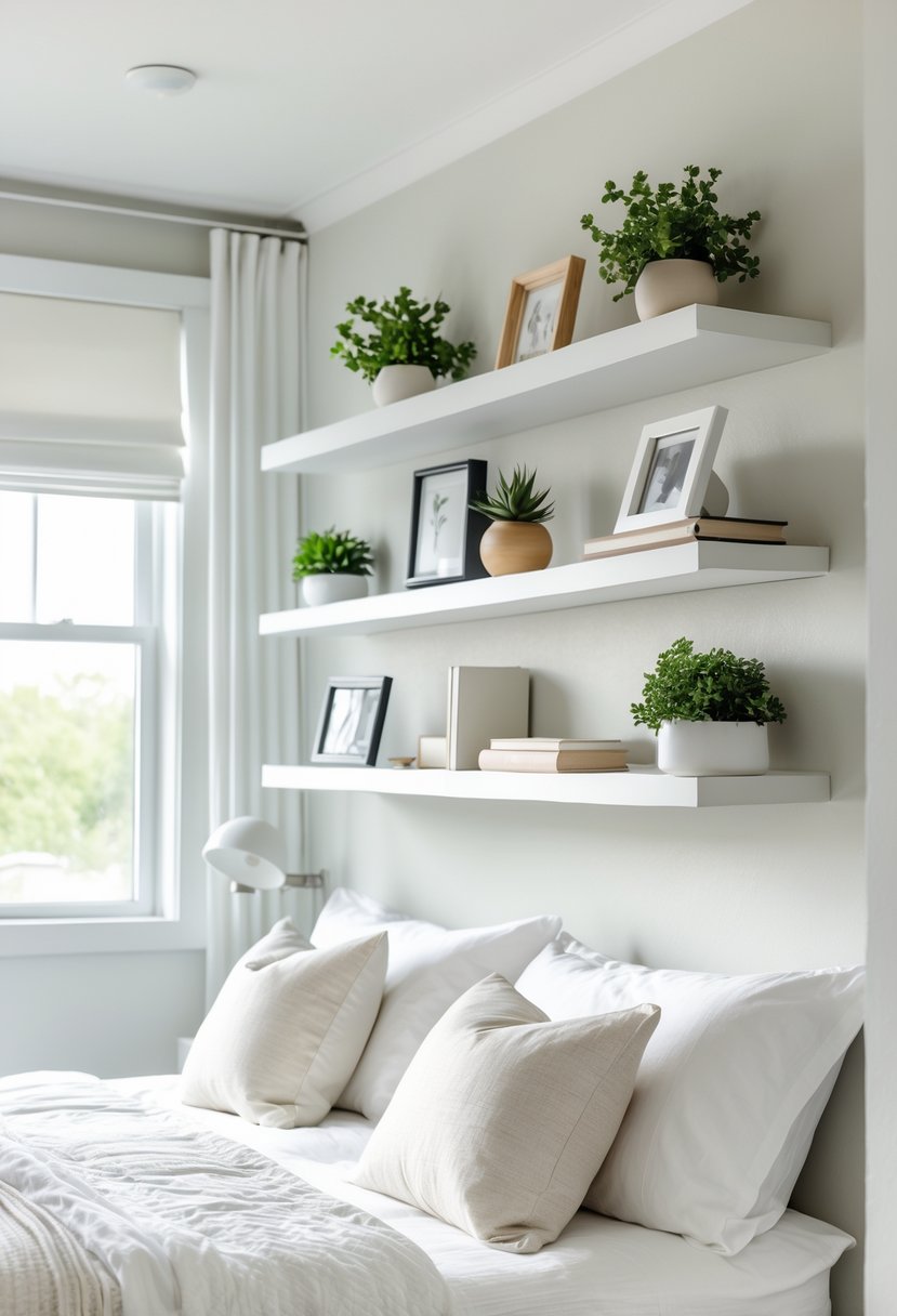 Guest Bedroom Ideas 2026: 21 Stylish Ways To Refresh Your Space 20 Guest bedroom with floating shelves holding plants, books, and decor above a neatly made bed.