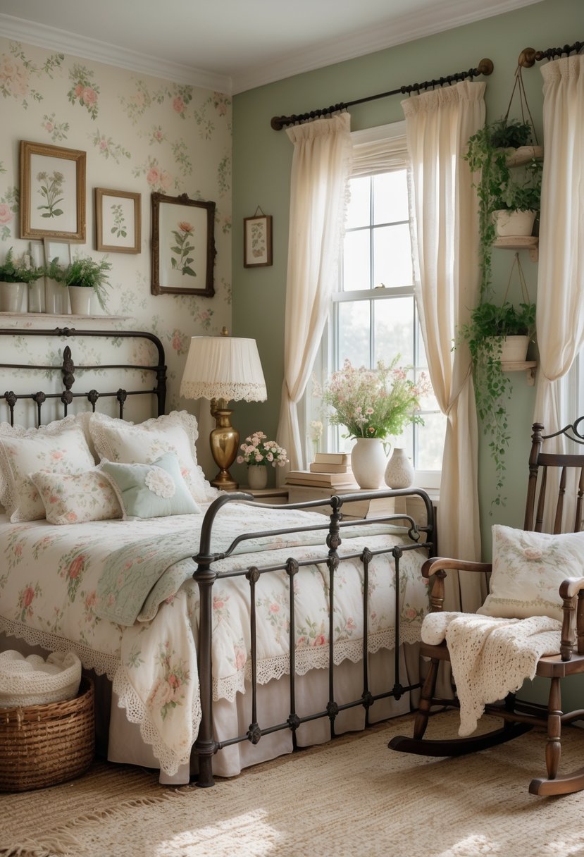 Guest Bedroom Ideas 2026: 21 Stylish Ways To Refresh Your Space 23 A cozy guest bedroom with a bed, nightstand, flowers, lamp, framed prints on the wall, a wicker basket, window with sheer curtains, a rug, and a rocking chair.