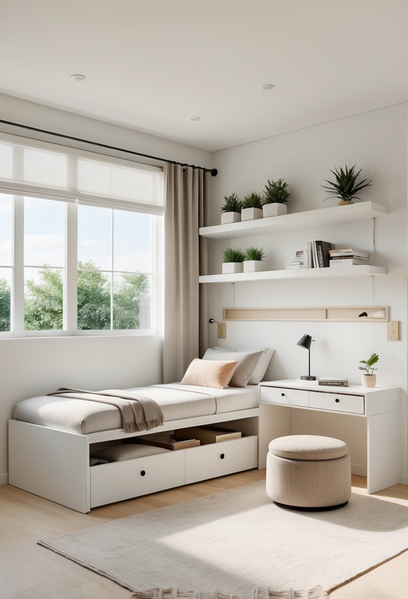 Guest Bedroom Ideas 2026: 21 Stylish Ways To Refresh Your Space 25 A bright guest bedroom with a daybed, built-in storage, a fold-out desk, floating shelves, and natural sunlight coming through large windows.