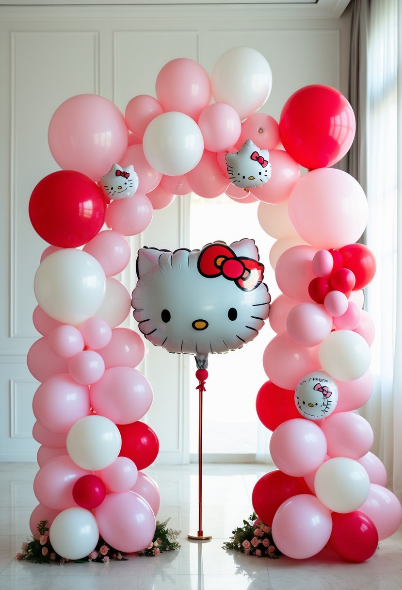 A colorful balloon arch centerpiece with Hello Kitty-themed balloons in pastel colors, set indoors for a party or shower.