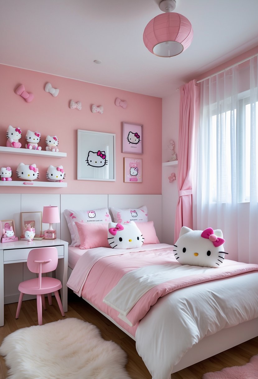 A pastel pink and white bedroom with a bed, Hello Kitty pillows, plush toys, a desk with accessories, shelves with collectibles, and natural light coming through a window.