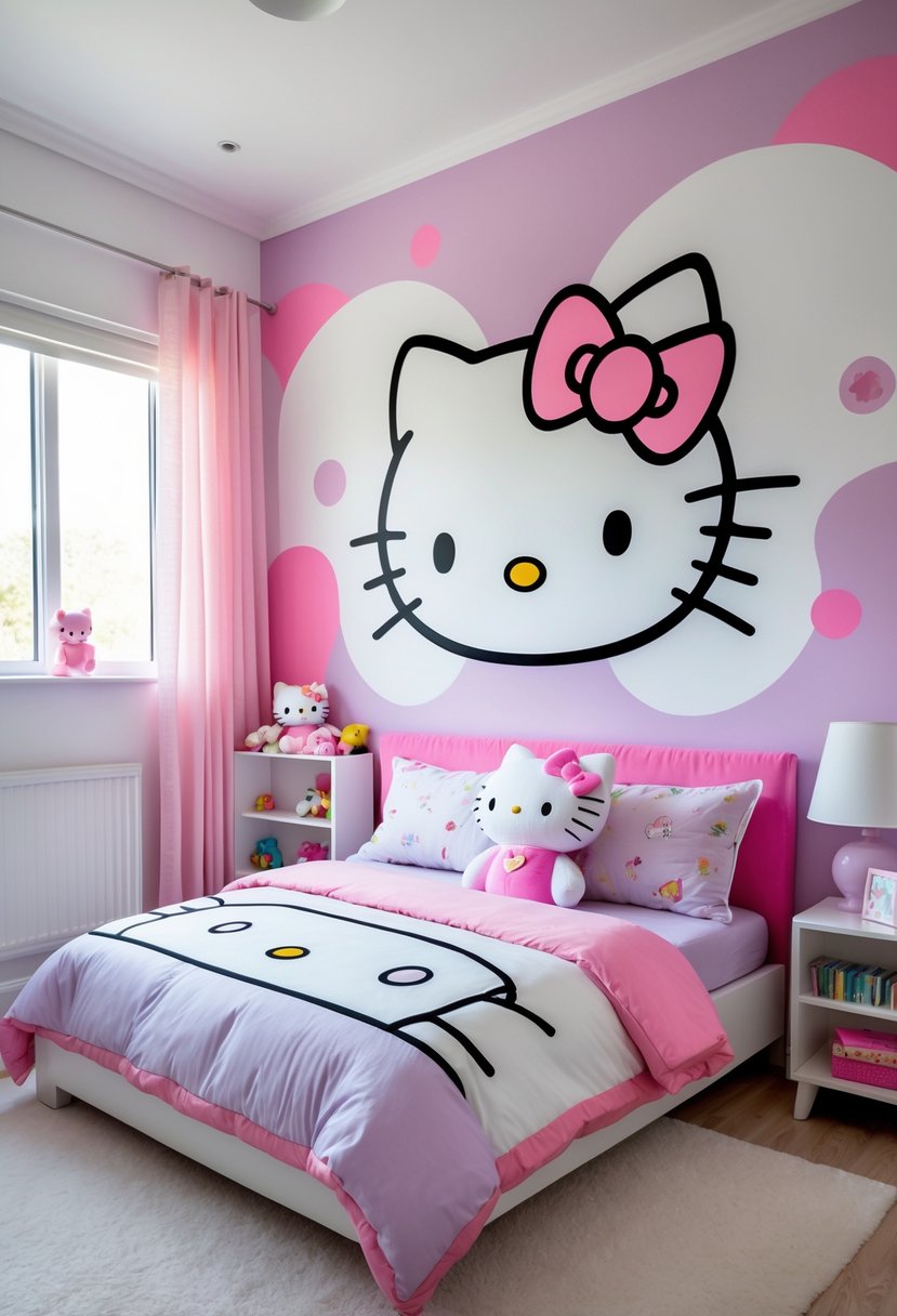 A child's bedroom with a large Hello Kitty wall mural, a bed with themed bedding, toys, and bright natural light.
