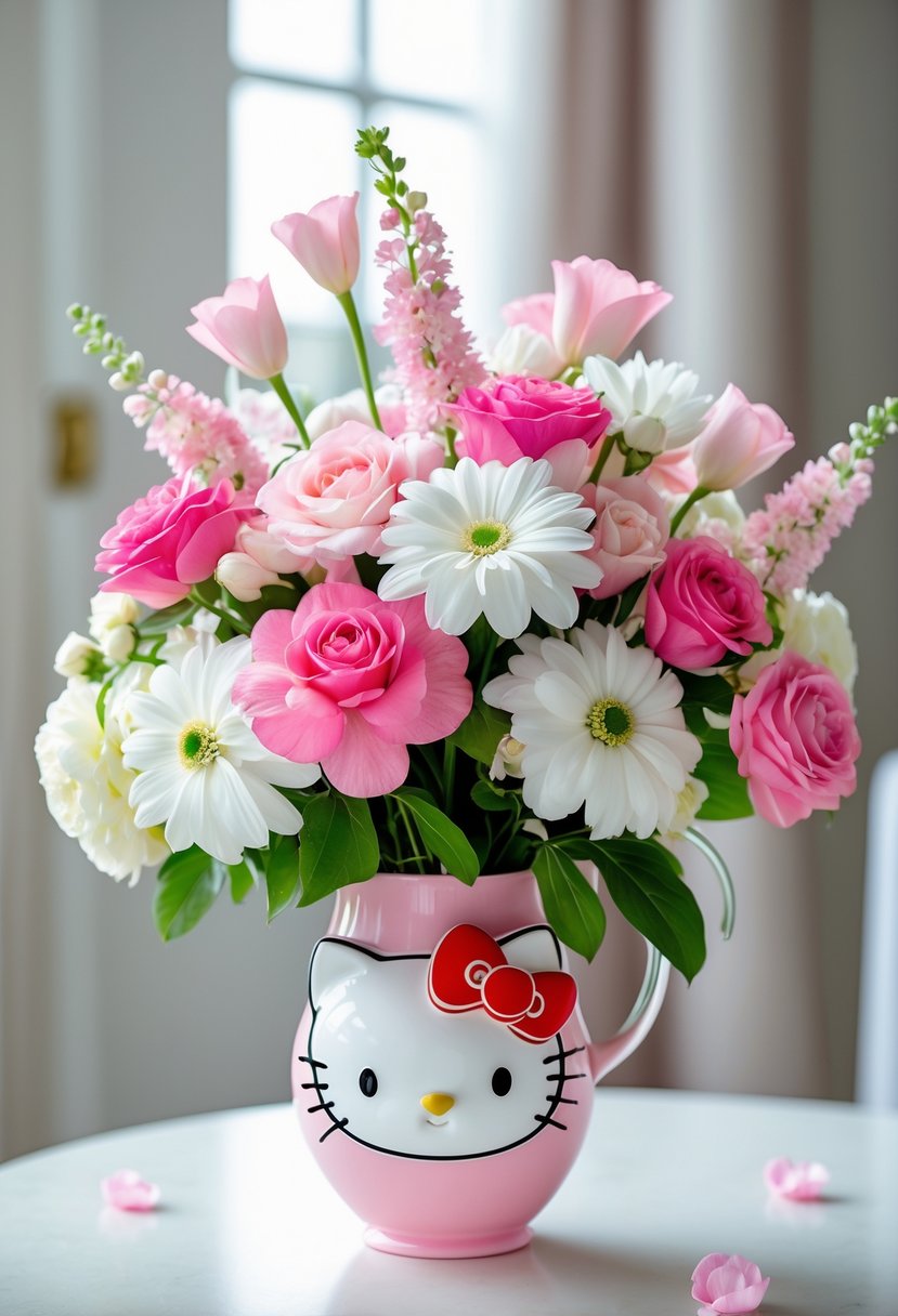 A pink and white floral vase centerpiece with delicate flowers arranged elegantly on a neutral surface.