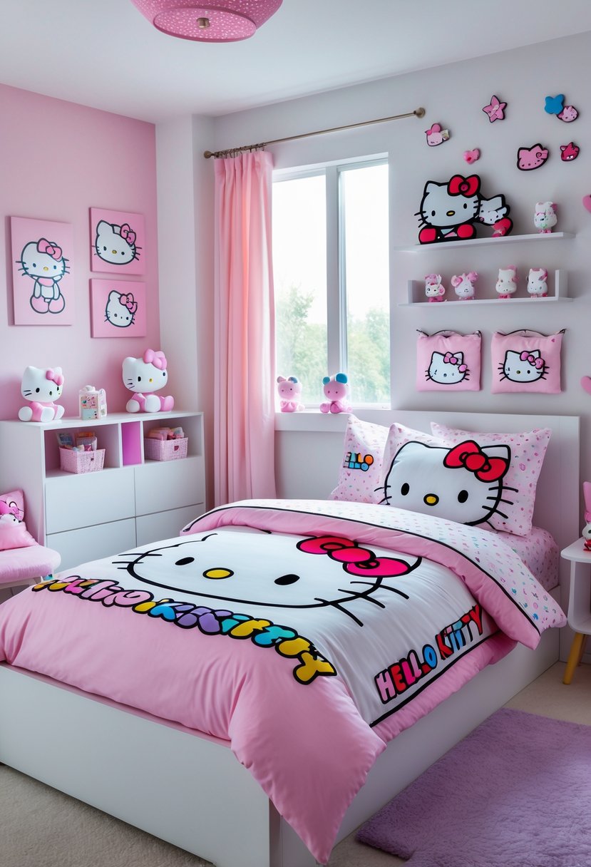 A children's bedroom with a bed covered in Hello Kitty bedding and various Hello Kitty-themed decorations around the room.