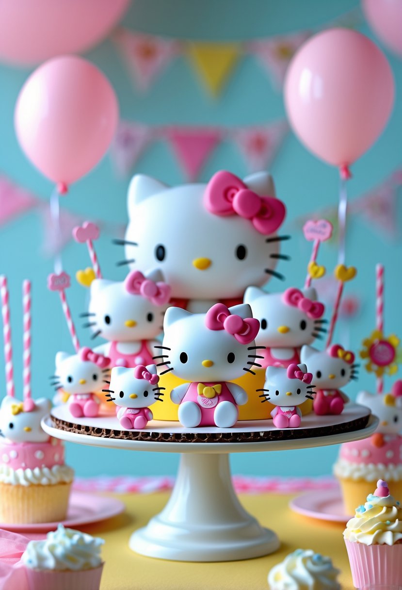 A Hello Kitty-themed cake stand with several small Hello Kitty figurines arranged as a party centerpiece.