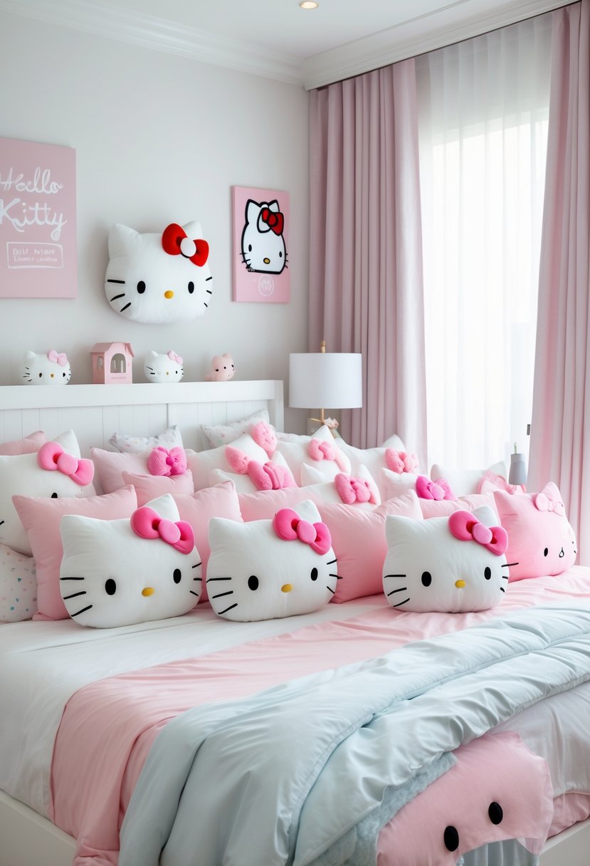 A bedroom with a white bed covered in pastel bedding and 15 Hello Kitty plush pillows arranged on it, surrounded by Hello Kitty themed decorations and soft natural light.