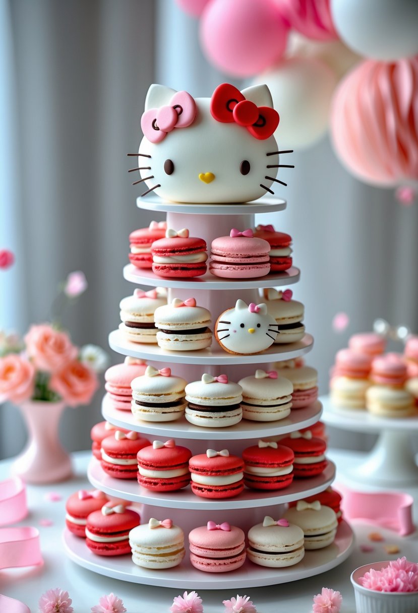 A multi-tiered tower of pastel pink and white macarons decorated with Hello Kitty-themed accents on a table with party decorations.