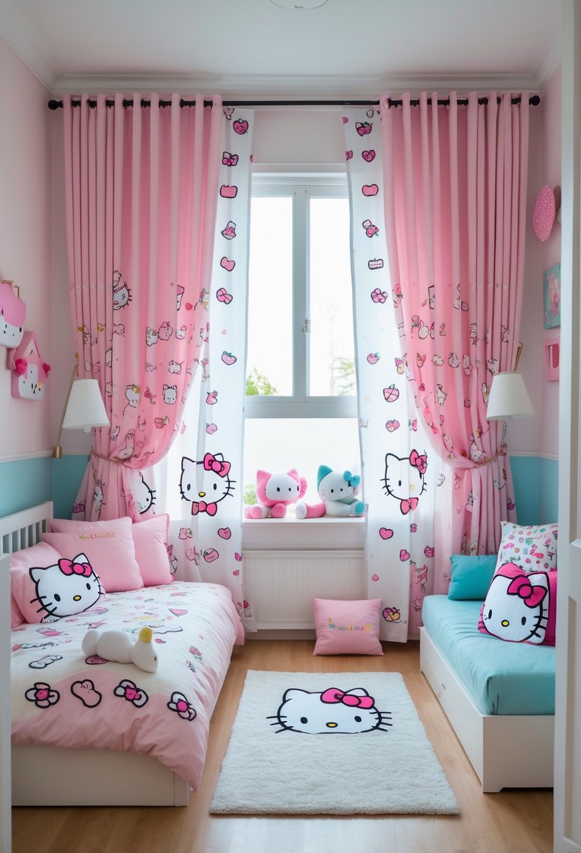 A child's bedroom with Hello Kitty themed curtains, a bed with matching bedding, and playful decorations.