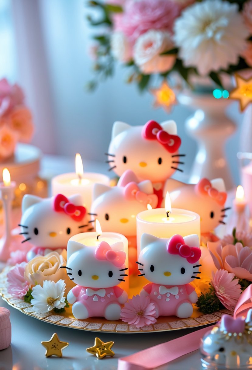 A table with a Hello Kitty candle centerpiece surrounded by pastel flowers and decorative ribbons.