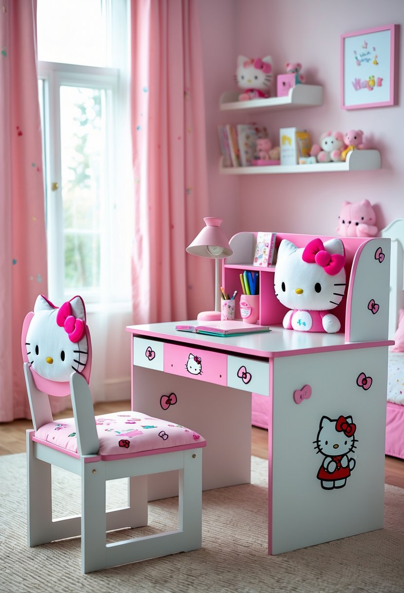 A children's bedroom with a Hello Kitty themed desk and chair set surrounded by toys and books.