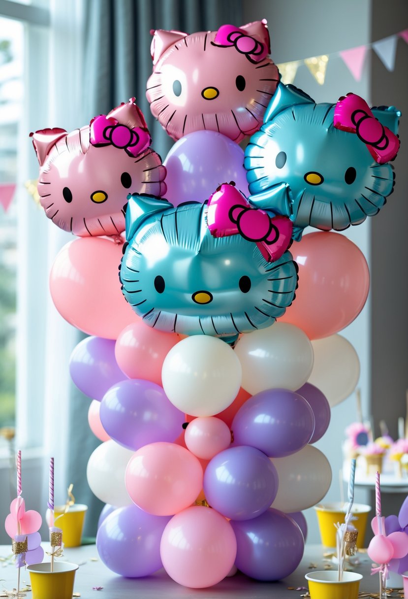 A colorful balloon bouquet centerpiece featuring Hello Kitty-shaped balloons and pastel-colored balloons arranged on a decorated party table.