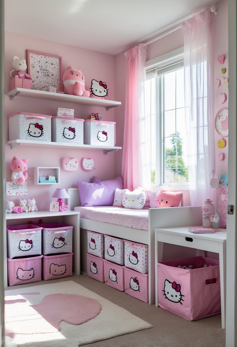 A children's bedroom with Hello Kitty-themed storage bins and decor arranged neatly around the room.