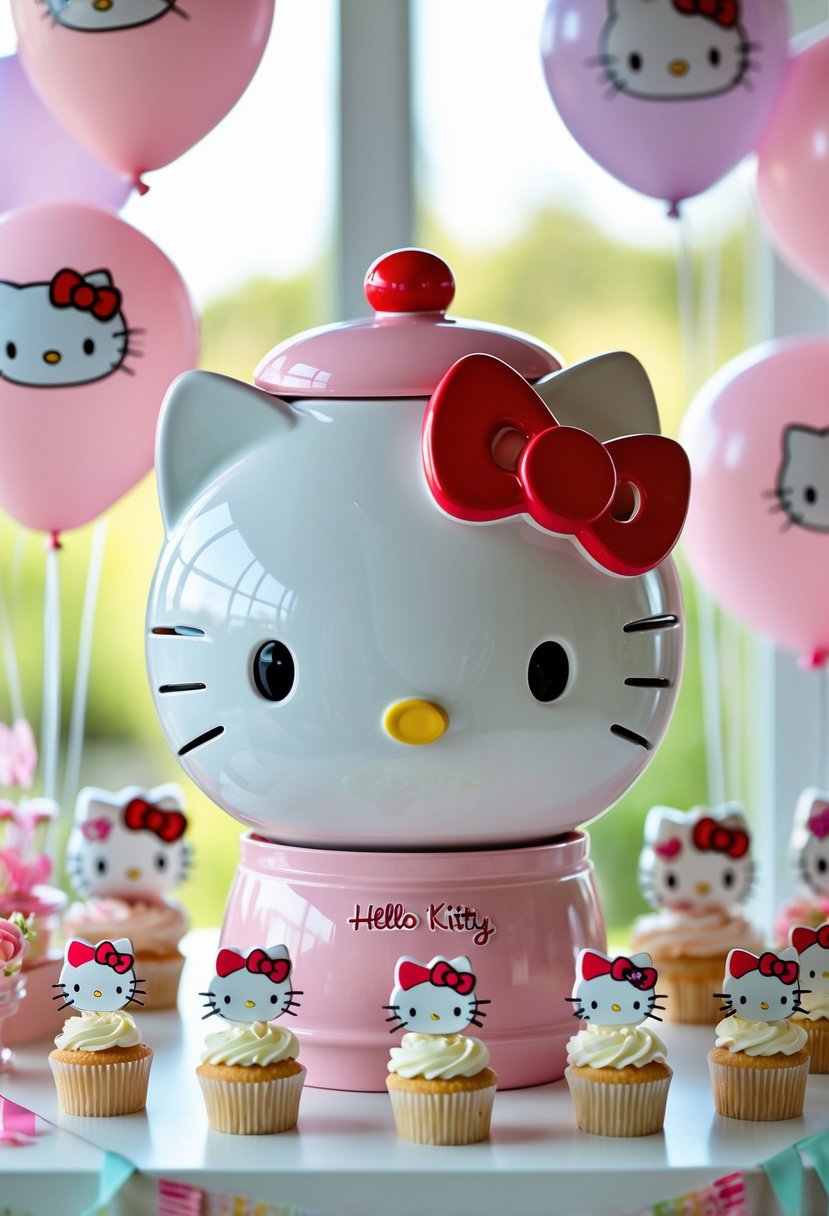 A Hello Kitty cookie jar surrounded by thirteen Hello Kitty-themed party centerpieces including balloons, cupcakes, flowers, and figurines on a white surface.