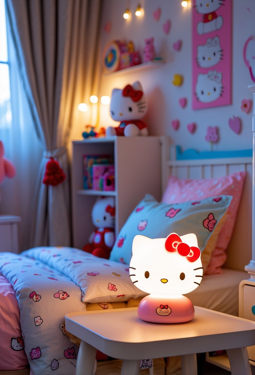 A child's bedroom with a glowing Hello Kitty night light on a bedside table surrounded by Hello Kitty themed decorations and toys.