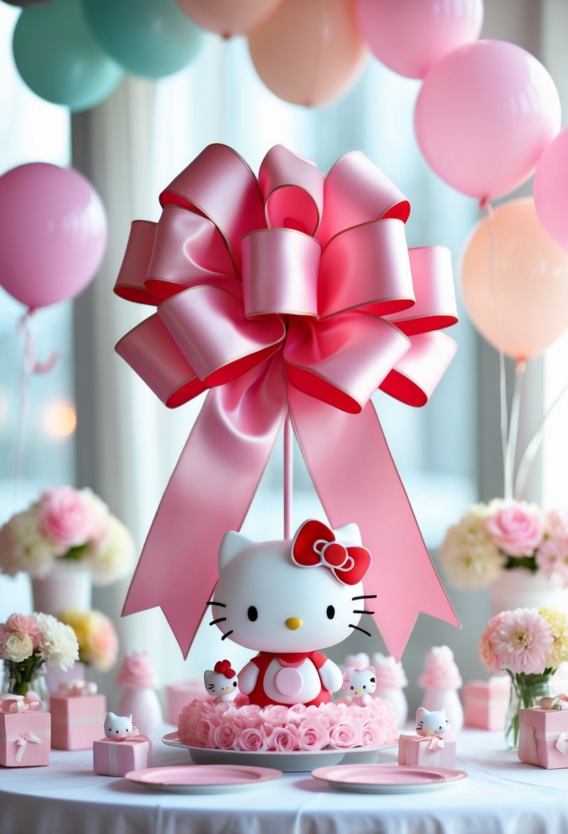 A colorful party table with a pink ribbon and bow centerpiece decorated with Hello Kitty-themed elements, surrounded by balloons and flowers.