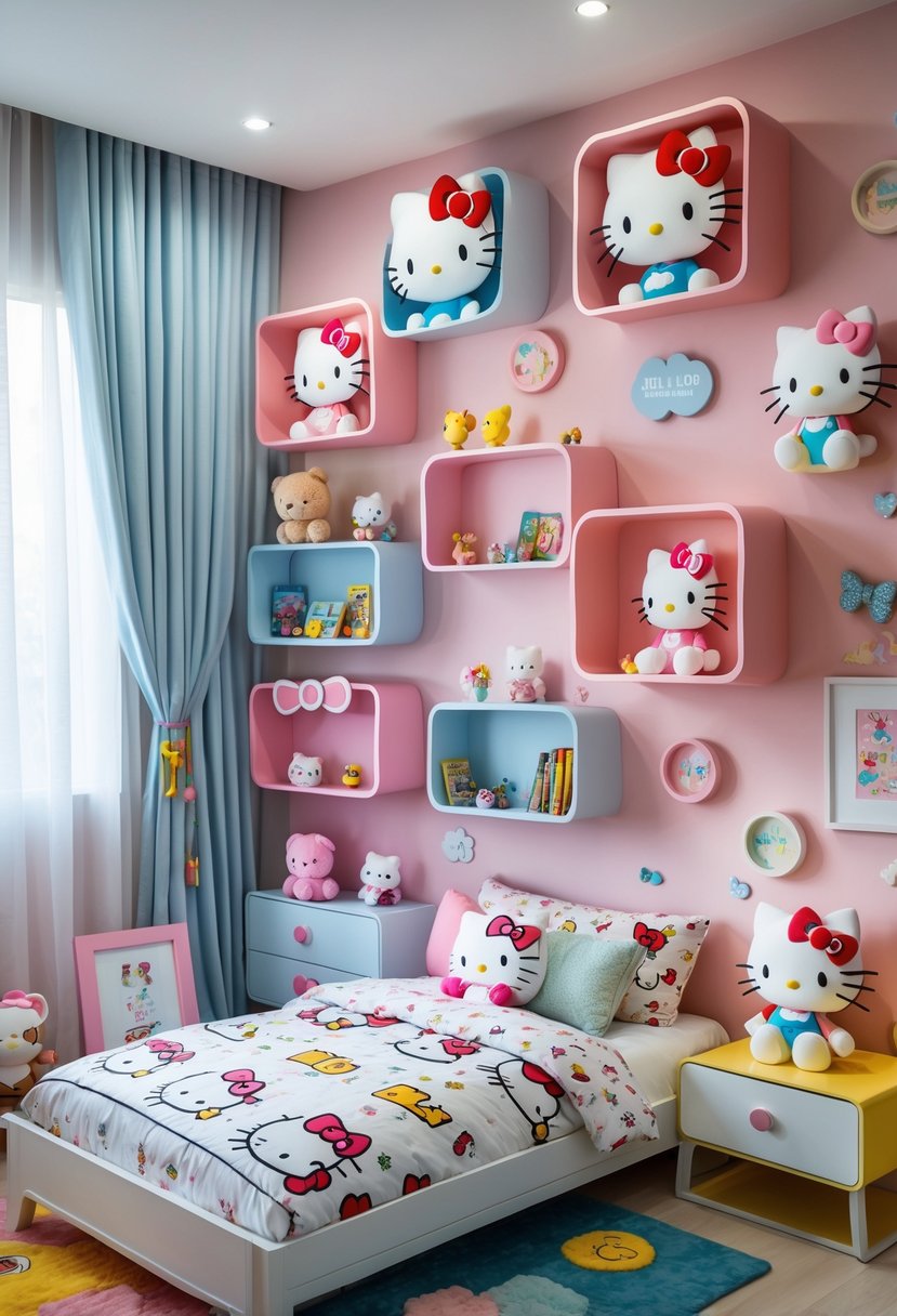 A children's bedroom with Hello Kitty-shaped wall shelves holding toys and books, a bed with themed bedding, and colorful decorations.