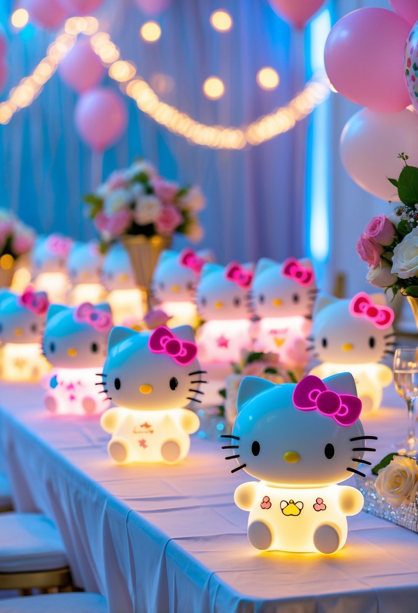 A party table displaying 13 glowing Hello Kitty LED light-up centerpieces surrounded by balloons and floral decorations.