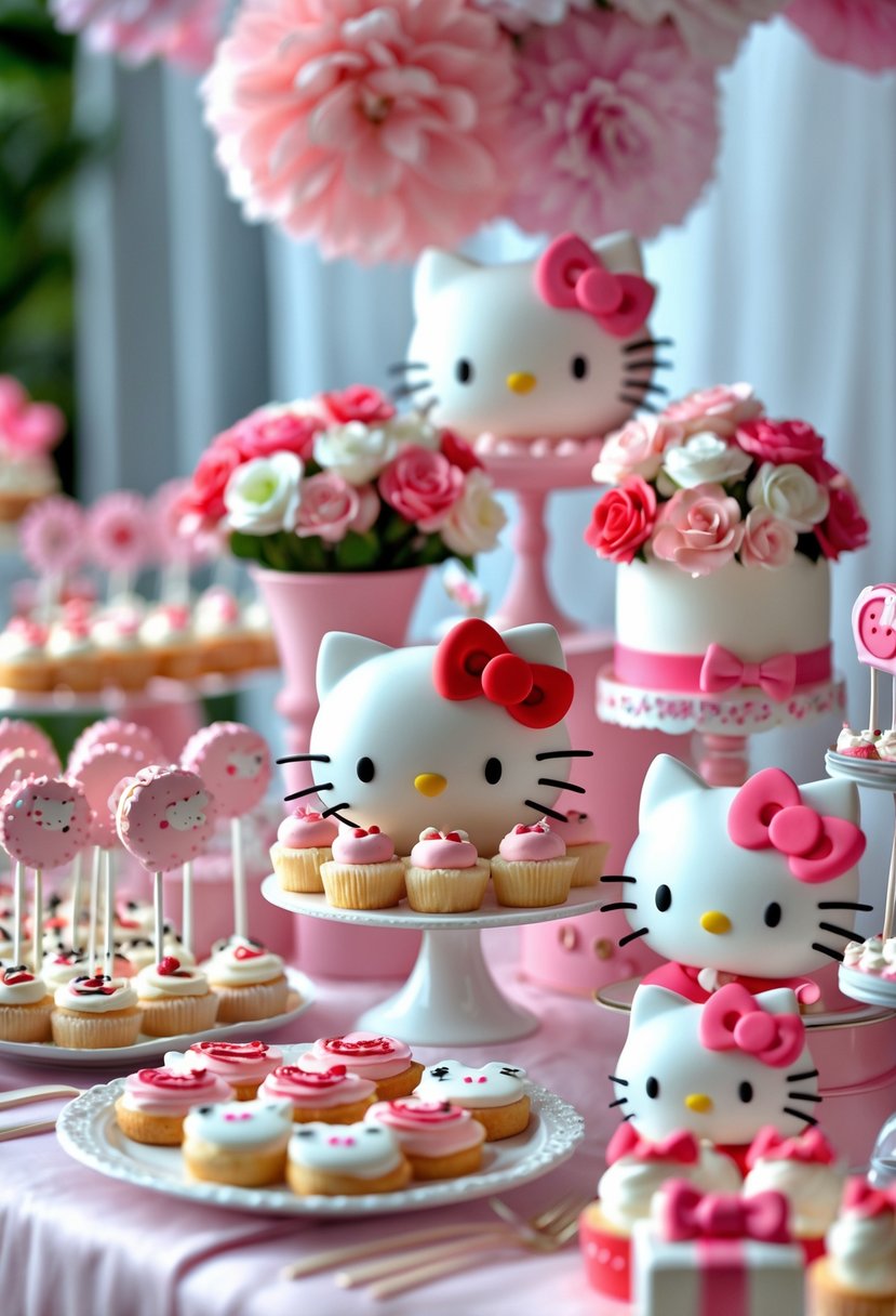 A dessert table decorated with Hello Kitty-themed treats and centerpieces, including cupcakes, cookies, and floral arrangements, set up for a party or shower.