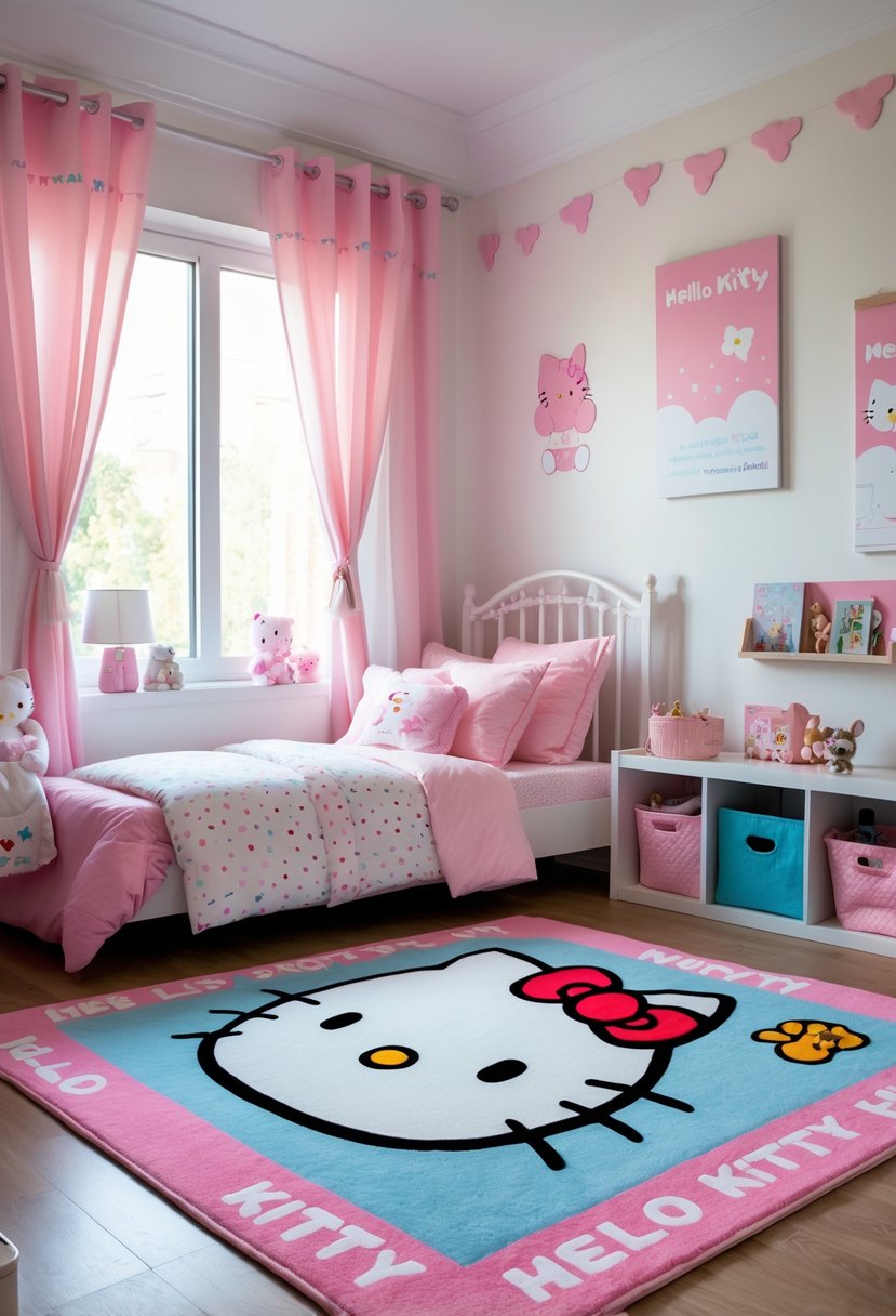A child's bedroom with a Hello Kitty themed area rug, pink and white decor, a cozy bed, and natural light coming through a window.