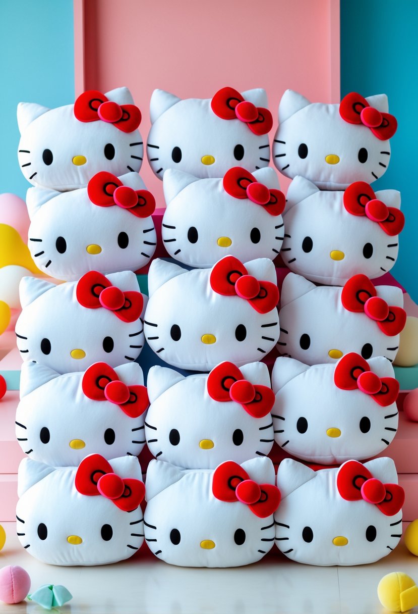 A group of 13 Hello Kitty plush toys arranged together on a white surface as a centerpiece.