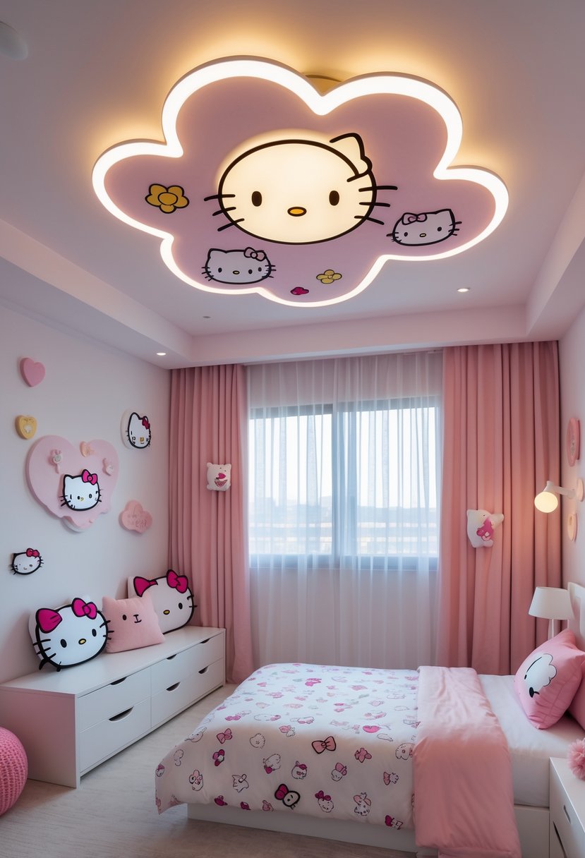 A children's bedroom with a cloud-shaped ceiling light inspired by Hello Kitty, decorated with pastel colors and themed accessories.