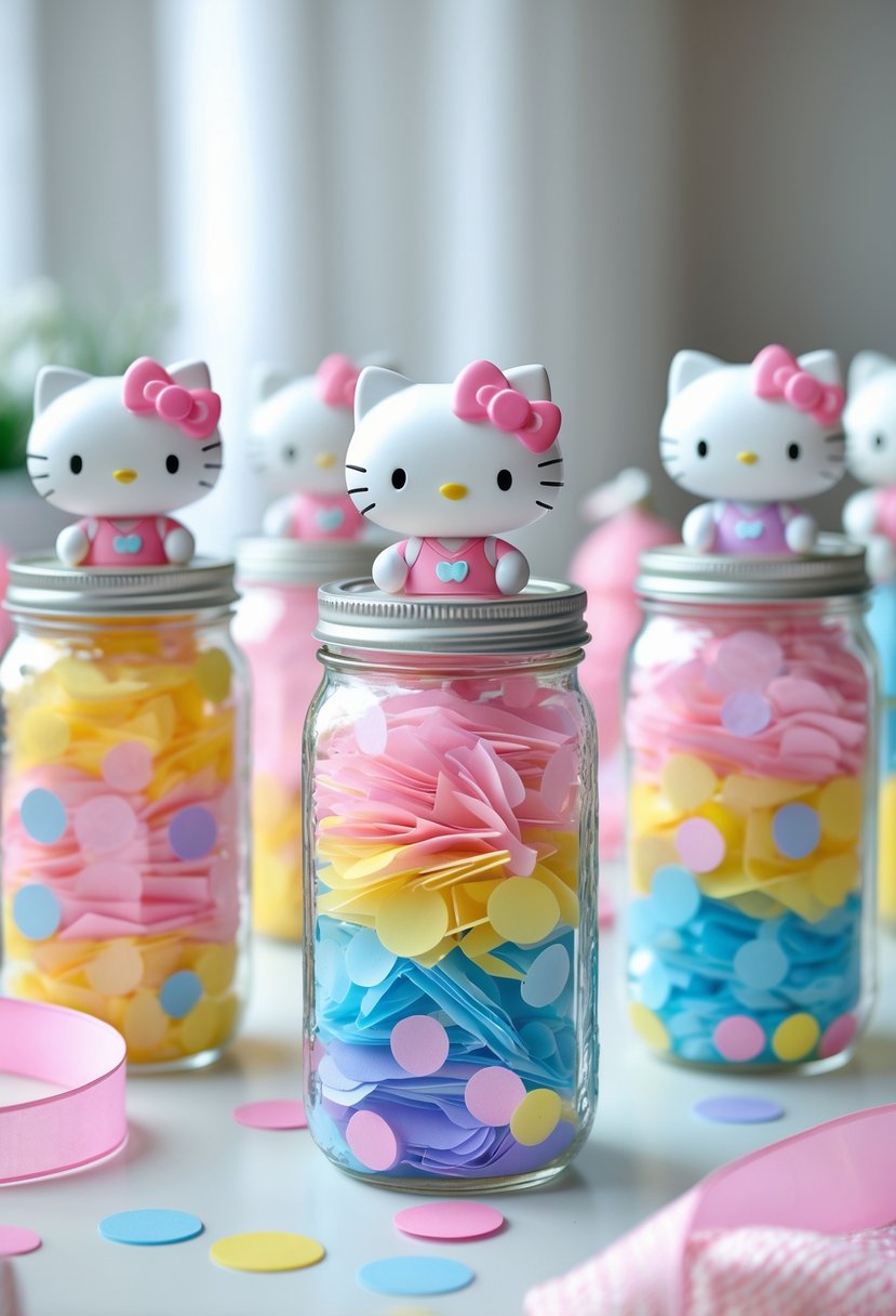 Clear glass jars filled with colorful confetti and topped with Hello Kitty decorations arranged on a table for a party.