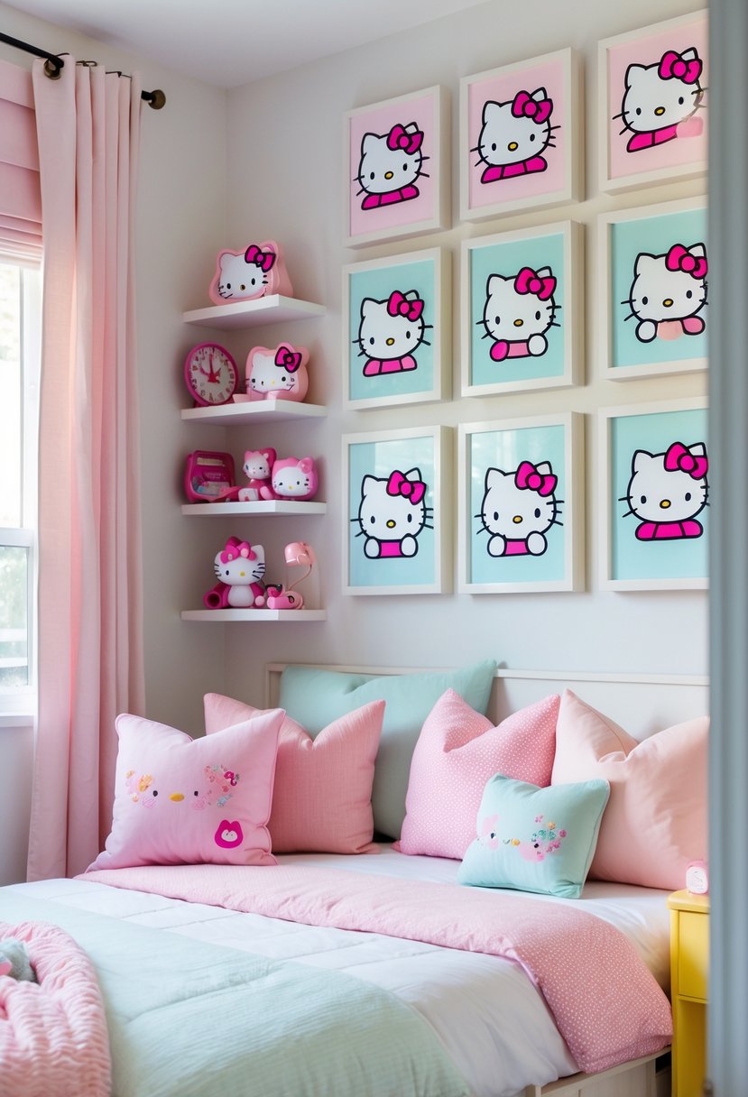 A child's bedroom with a bed, framed Hello Kitty artwork on the walls, shelves with toys, and soft pastel colors.
