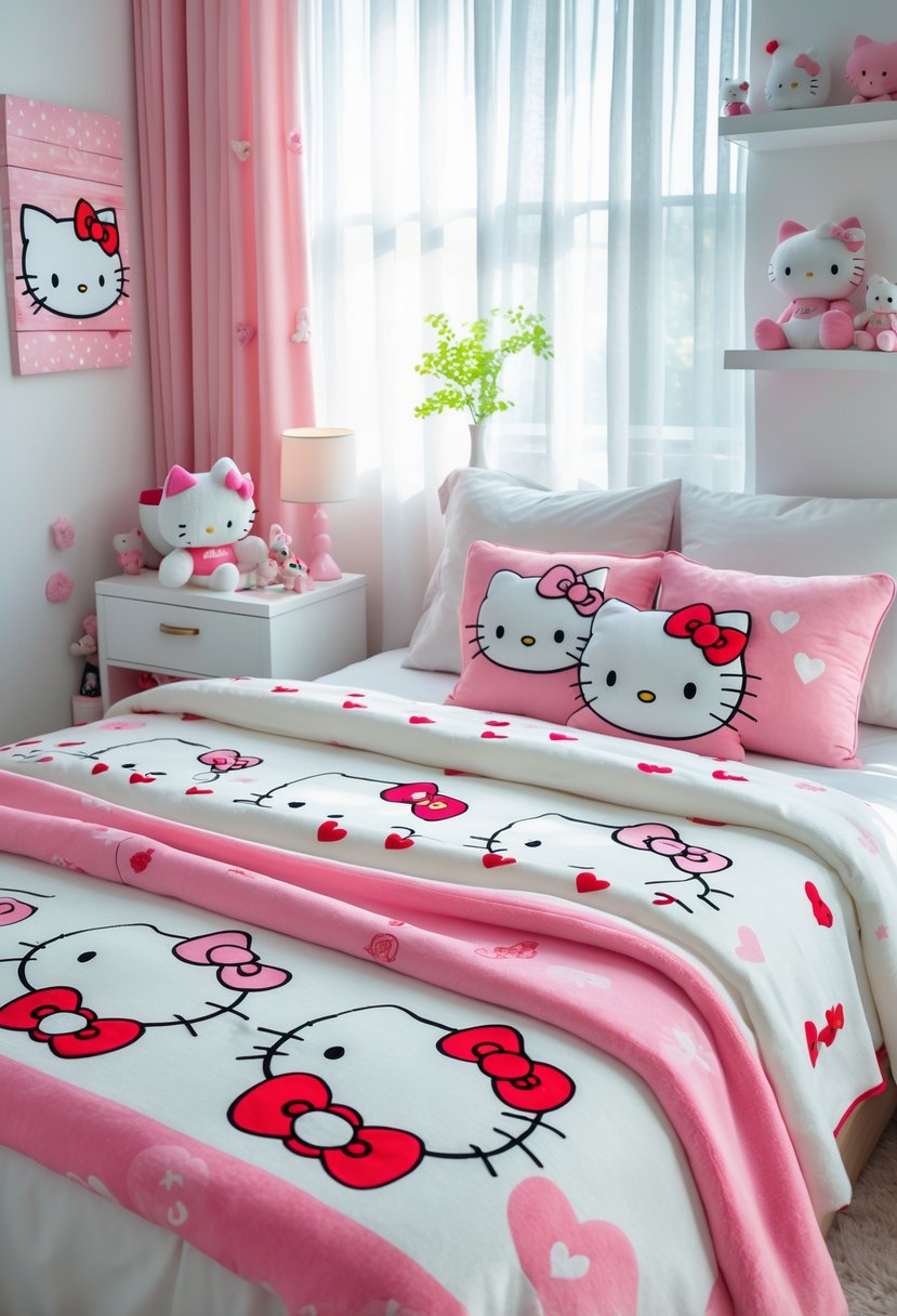 A cozy bedroom with a bed covered in Hello Kitty-themed decorative throw blankets and matching pillows, surrounded by Hello Kitty decor and soft natural lighting.