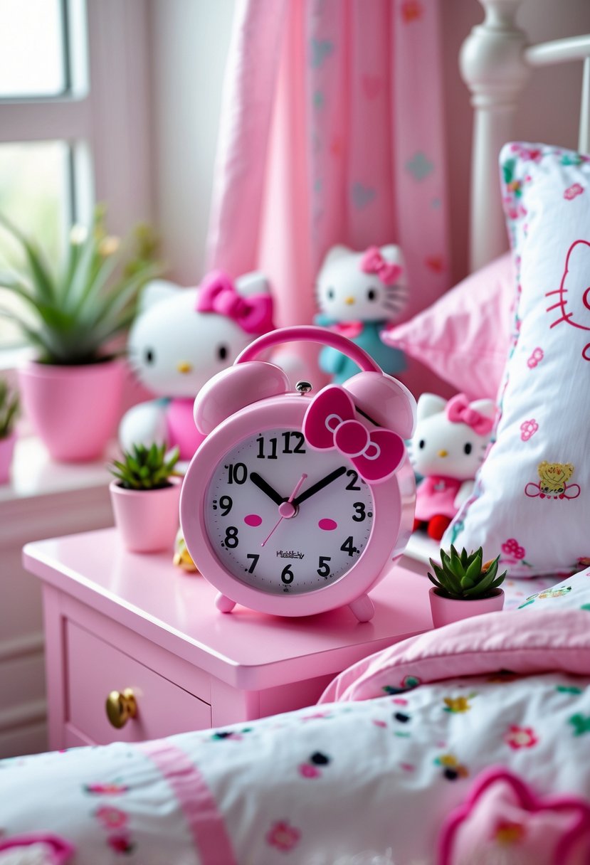 A bedroom with a Hello Kitty alarm clock on a bedside table surrounded by matching decor and bedding.