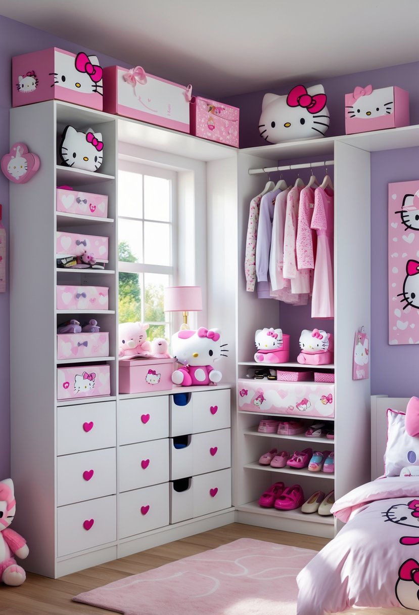 A children's bedroom with Hello Kitty-themed closet organizers, toys, bedding, and decor, all neatly arranged and brightly lit.