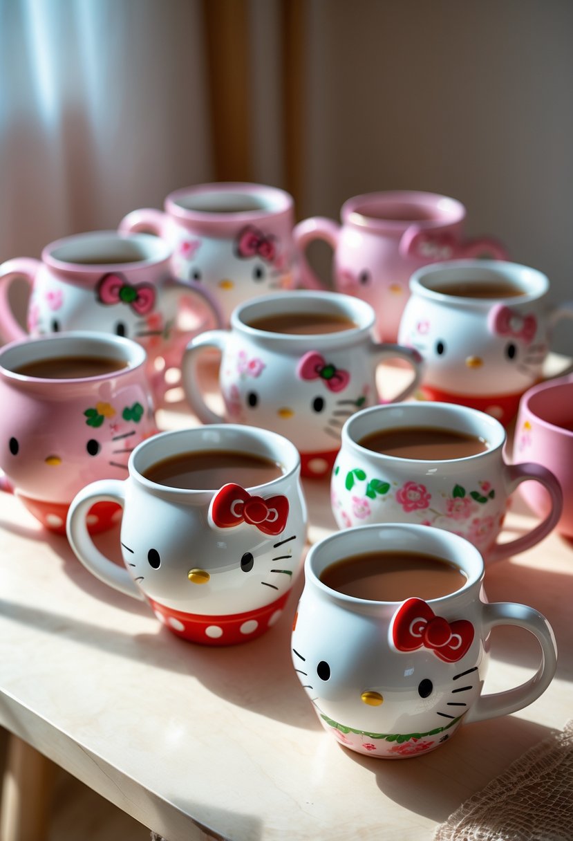 A collection of hand-painted ceramic mugs featuring Hello Kitty designs arranged on a wooden table.