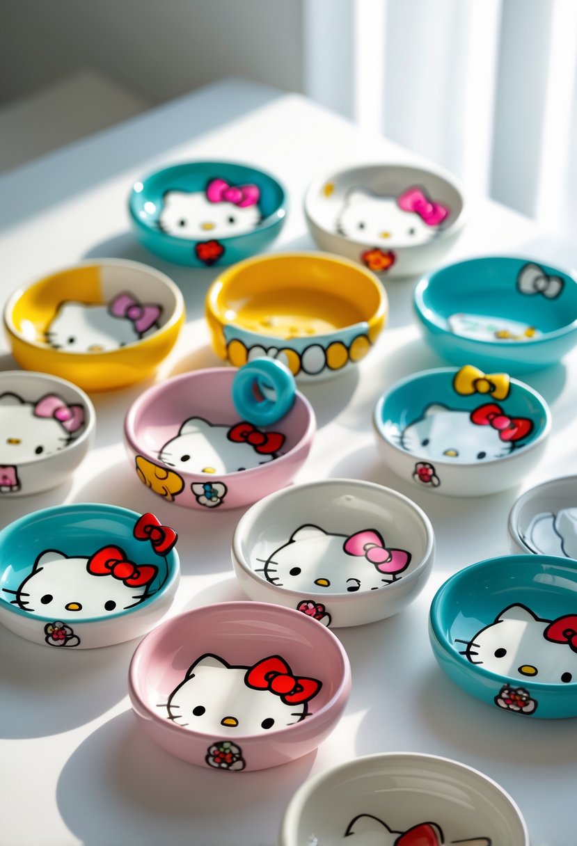Twelve colorful Hello Kitty ceramic ring dishes arranged on a white surface.