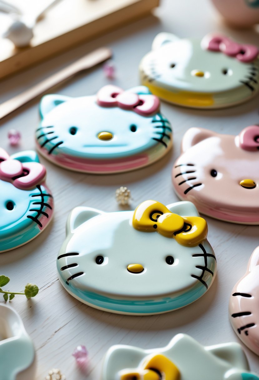 A set of colorful Hello Kitty ceramic coasters arranged on a wooden surface with soft lighting.