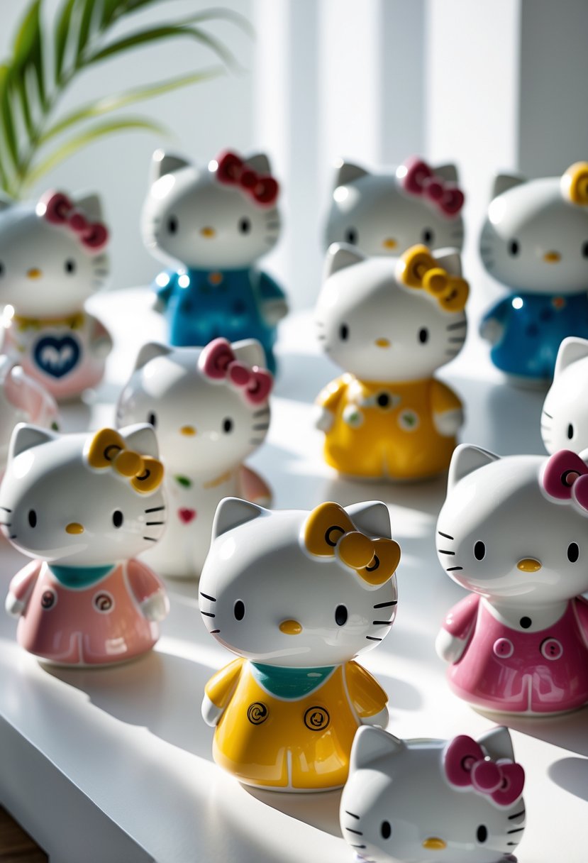 A group of colorful hand-sculpted Hello Kitty ceramic figurines arranged on a white surface.