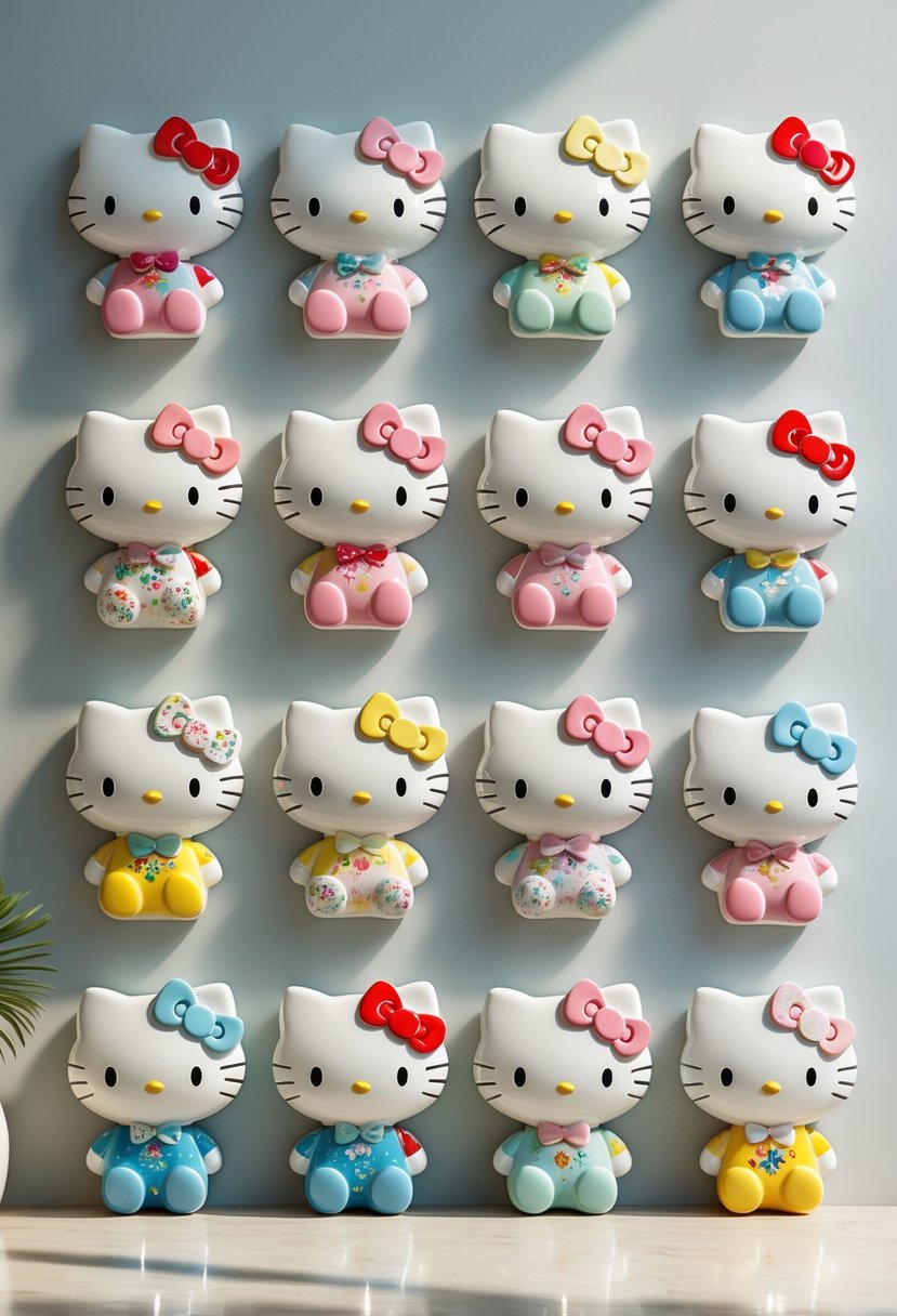 Twelve colorful Hello Kitty ceramic wall plaques arranged on a light-colored wall.