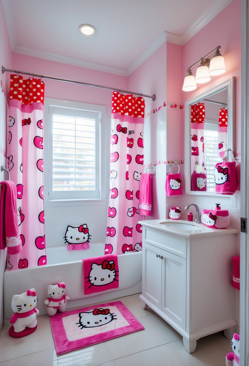 A bright bathroom decorated with Hello Kitty-themed shower curtains, towels, and accessories, featuring a white bathtub and sink with natural light coming through a window.