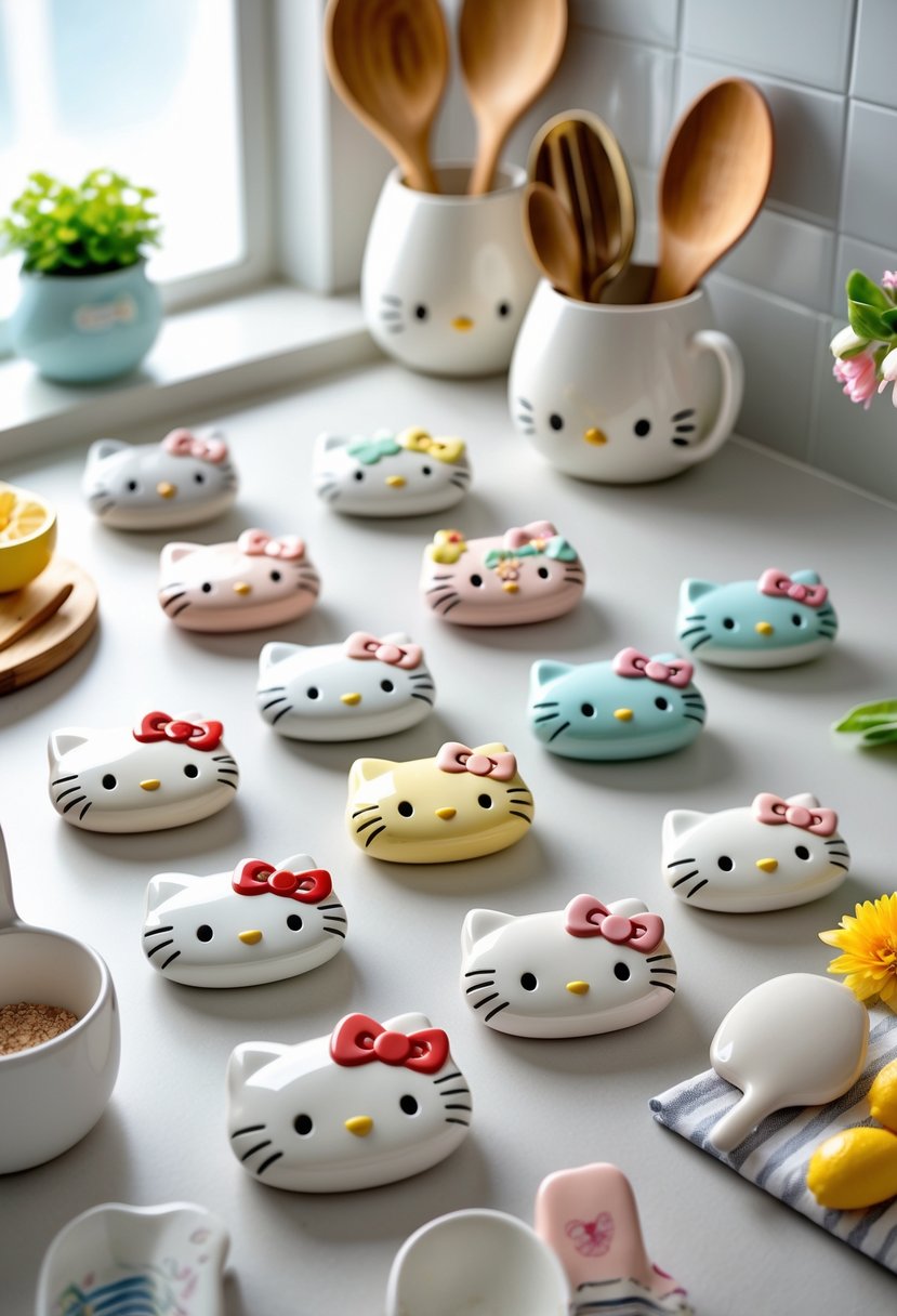 A collection of 12 colorful Hello Kitty ceramic spoon rests displayed on a kitchen countertop with wooden spoons resting on some of them.