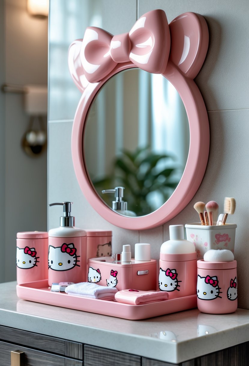 A Hello Kitty vanity set with a bow-framed mirror and matching containers displayed on a bathroom countertop.