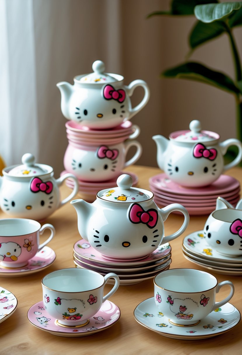 A collection of twelve ceramic Hello Kitty tea sets arranged on a wooden table, including teapots, cups, and plates with colorful Hello Kitty designs.