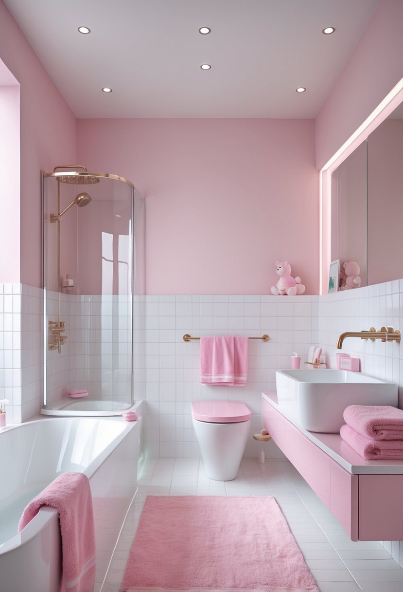 A bright bathroom with pastel pink and white walls and tiles, featuring a bathtub, sink, and towels in matching colors.