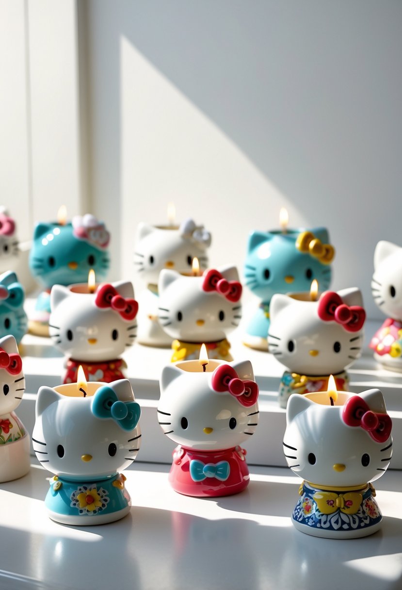 Twelve colorful Hello Kitty ceramic candle holders arranged on a white surface.