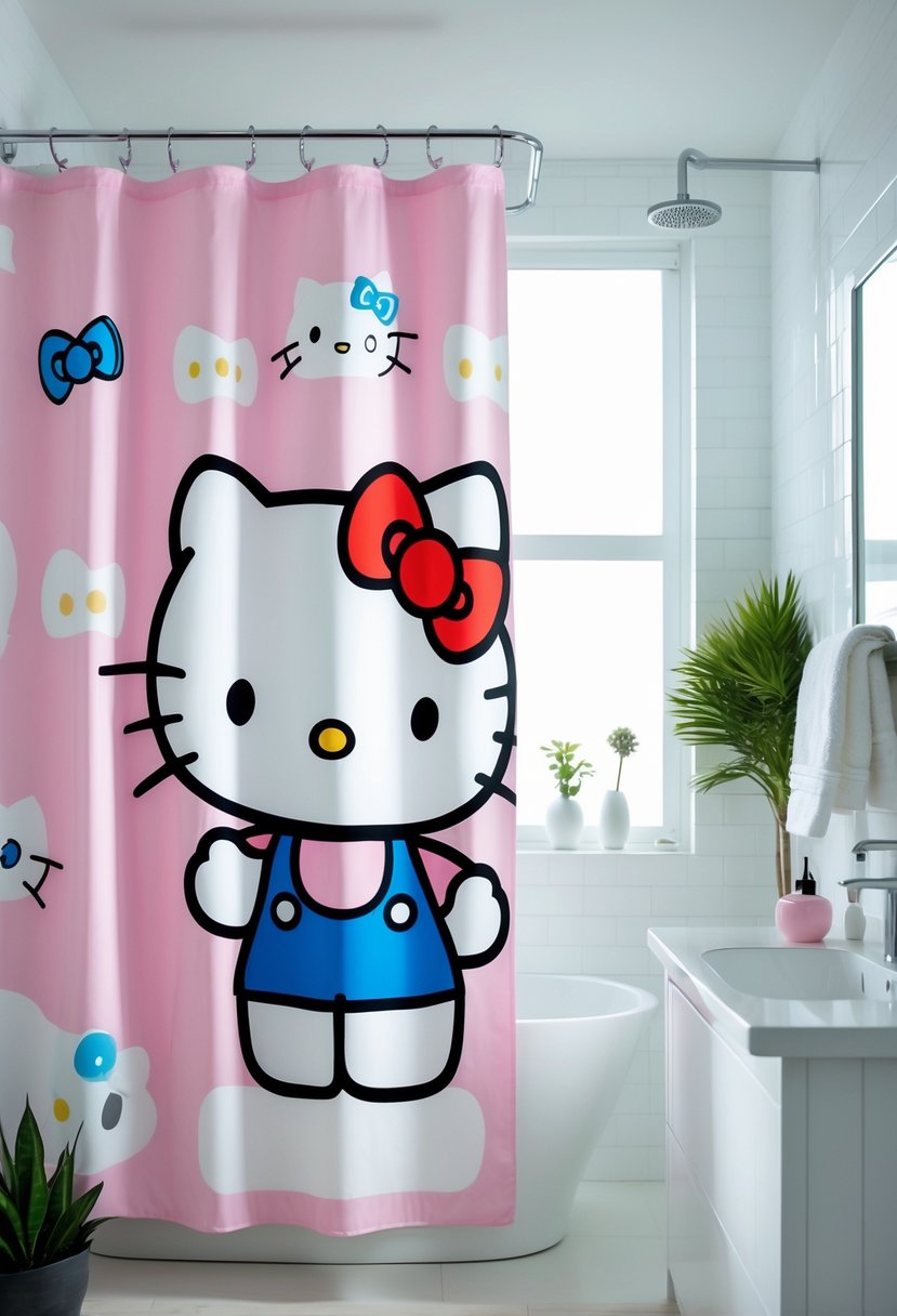 A bright bathroom with a bathtub and a shower curtain featuring a colorful Hello Kitty design.